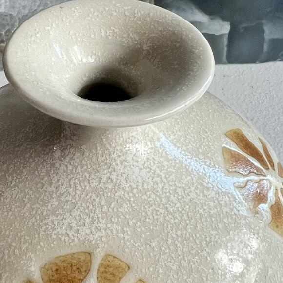 Pottery Decorative Vase Small Round Off White Yellow Flowers Glaze Home Decor - Picture 3 of 7